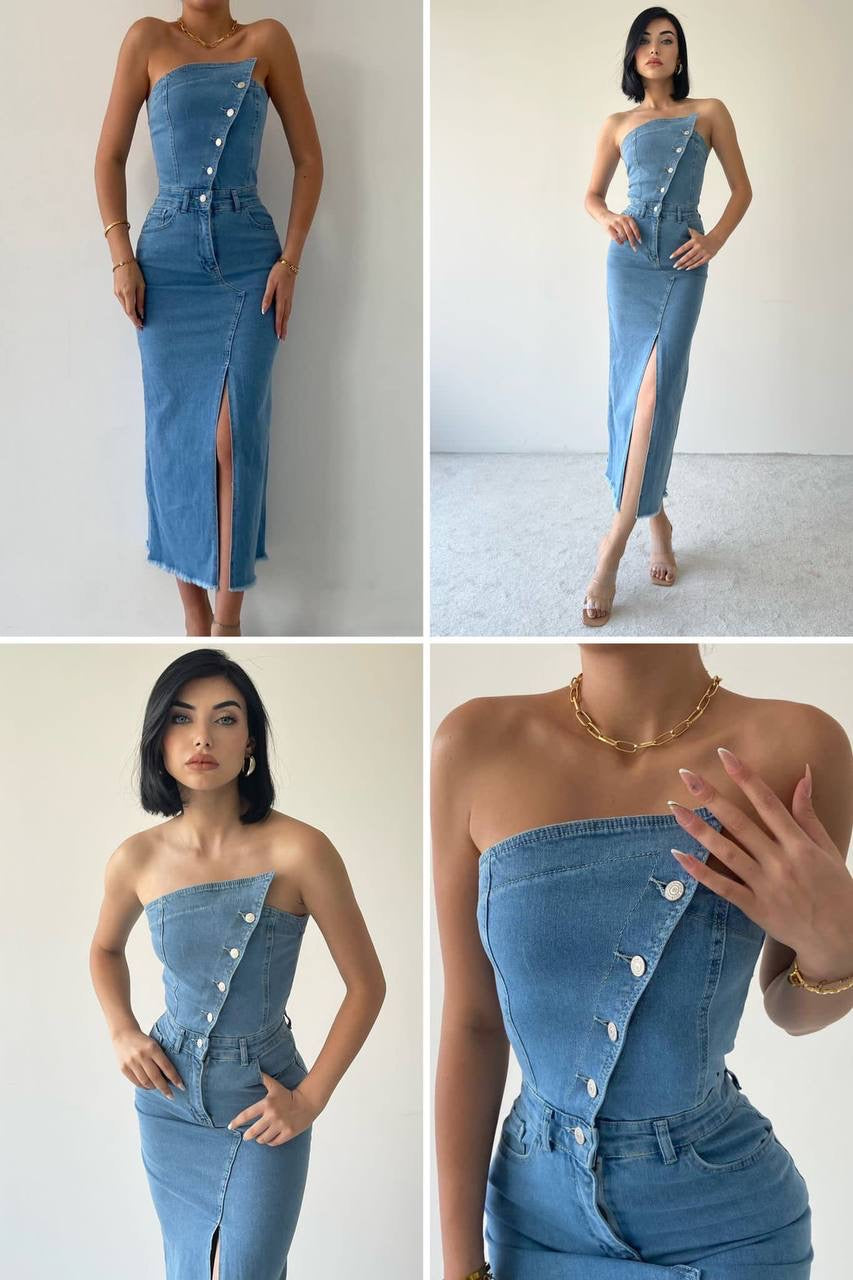Ava Denim Button-Up Tube Dress | Women's Chic Denim Dress